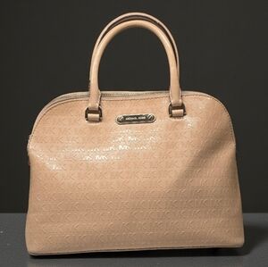 Michael Kors Cindy Domed Oyster Beige MK Embossed Satchel Bag Monogram
